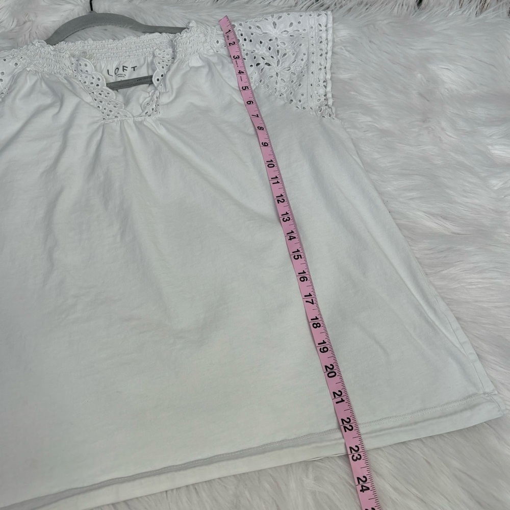 LOFT Size Large White Blouse Eyelet Sleeves & Neck‎ Split Neckline 100% Cotton - Picture 8 of 11